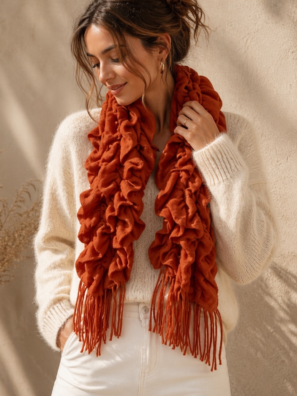 Anthropologie Sayami 100% Cashmere Ruffle Scarf Rust Orange